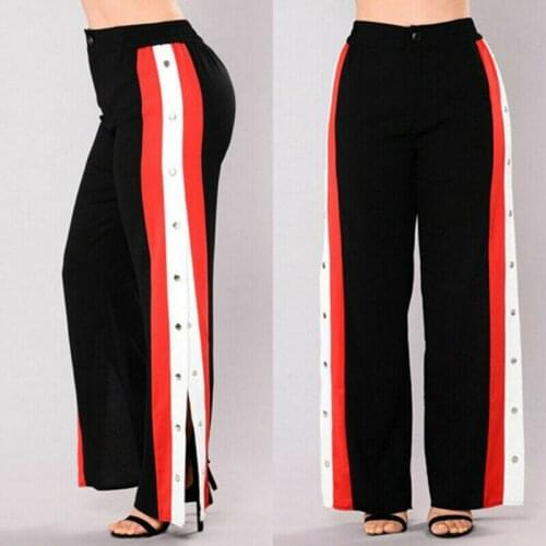2020 New Fashion Women Cut off Rivet Button Striped Split Side Wide Leg Pants Trousers Casual Loose Pants