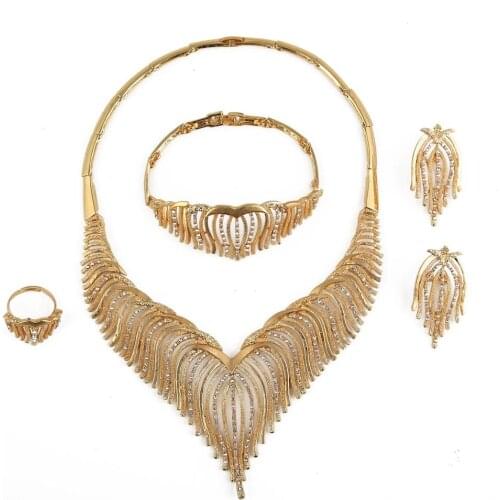 24K Gold Color White Stone Angel Wing Animal Feather Choker Jewelry Set