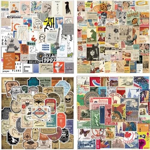 50pcs Retro Poster Doodle Sticker For Notebooks Notepad Stationery Scrapbook Vintage 90s Stickers Aesthetic Craft Supplies