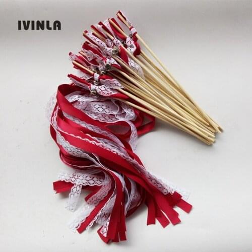 50pcs Dark Red Wedding Ribbon Wands With white Lace for wedding decoration