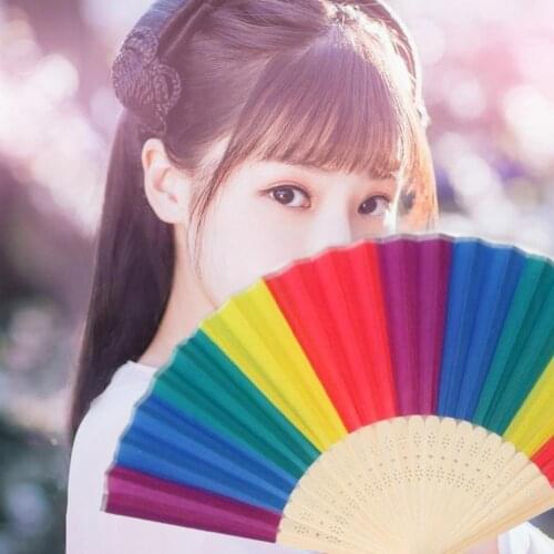 7-inch Silk Cloth Colorful Rainbow Folding Fan Wooden Bamboo Antiquity Folding Fan For Home Decoration