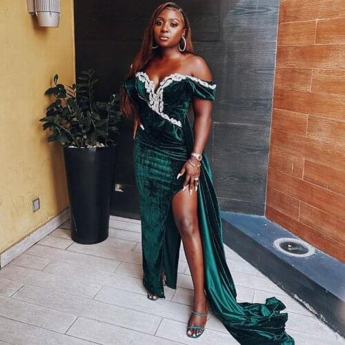 Asymmetrical African Mermaid Prom Dresses Velour Off The Shoulder Side Split Evening Dress Plus Size Formal Party Gowns