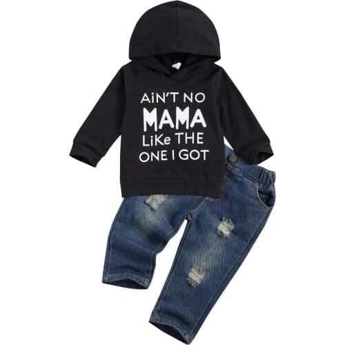 2 Pieces Kids Suit Set, Boys Letter Print Long Sleeve Hooded Pullover+ Ripped Jeans, Gray/Black Clothes Set 2020 New
