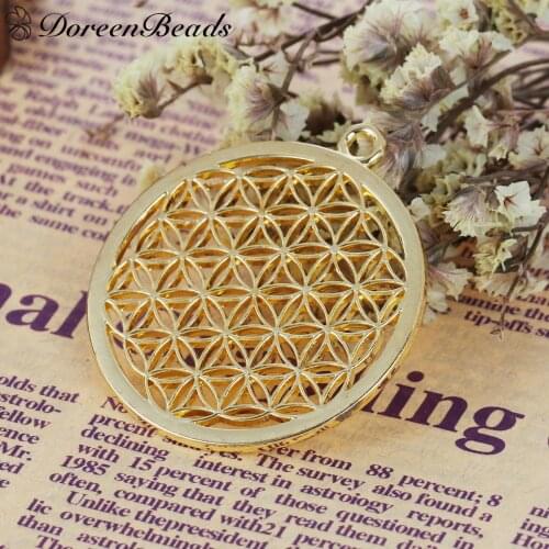 DoreenBeads Alloy Flower Of Life Pendants Round gold color Hollow Carved 44mm(1 6/8") x 40mm(1 5/8"), 3 PCs