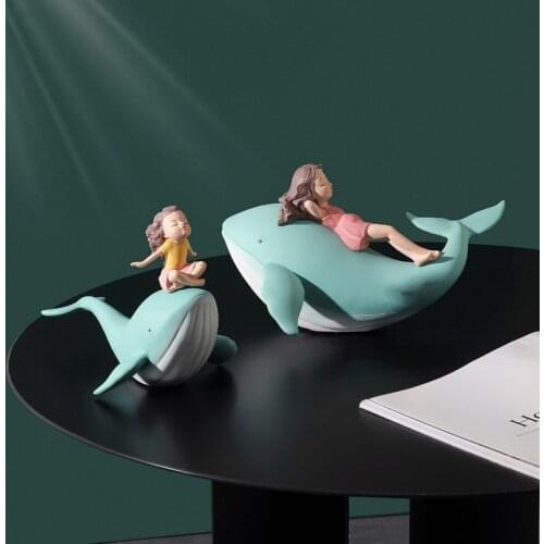 Nordic Style Cute Whale Girl Statue Resin Figurines For Interior Home Decoration Modern Living Room Office Fairy Accessories
