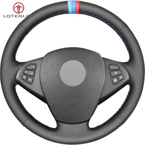 LQTENLEO Black Genuine Leather DIY Hand-stitched Car Steering Wheel Cover For BMW X3 E83 2005-2010