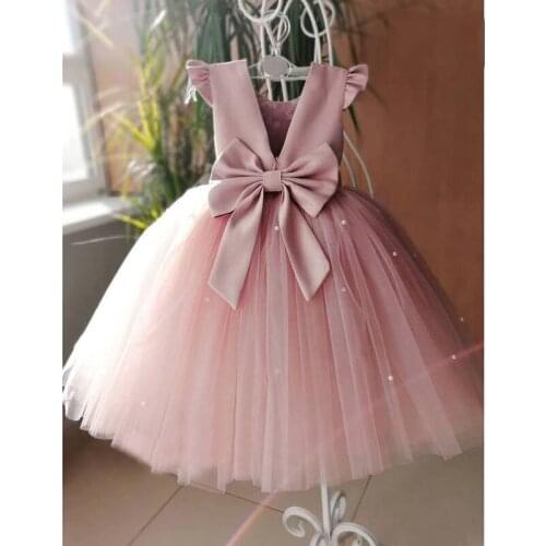 2021 New Peach Pink Flower Girls Dresses For Wedding Beading Backless Girl Birthday Party Evening Dress Tulle Princess Ball Gown