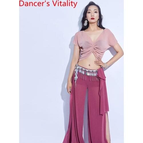 New Oriental Dance Suit Women Belly Dance Performance Sexy Silver Short Sleeves Top split Long trousers Dance Competition Suit