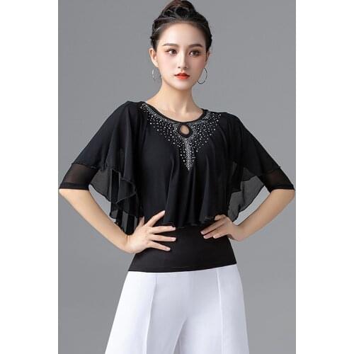 New Latin Dance Practice Shirt Rhinestone Black/Red Gauze Tops Professional Rumba Tango Samba Cha Cha Dance Costumes DQL5831