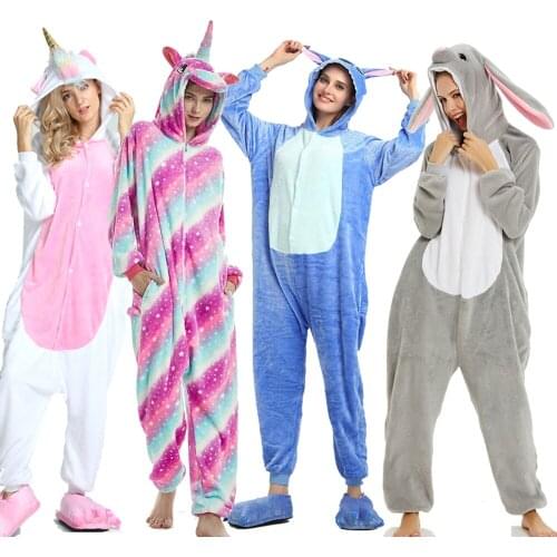 Cute Animal Unicorn Pajamas Kigurumi Adult Pyjama Family Pajama Sets Boy Girl Winter Flannel Hoodie Mom Daughter Rabbit Onesies