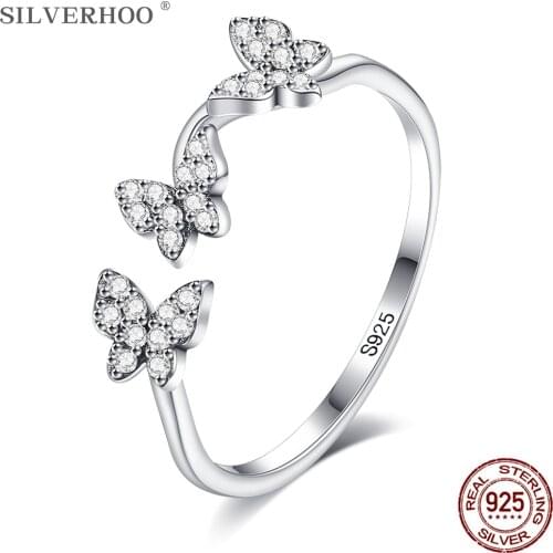 SILVERHOO Real 925 Sterling Silver Ring Wave Butterfly Women Rings Cubic Zirconia Natural Fine Jewelry New Arrivals On Sale Gift