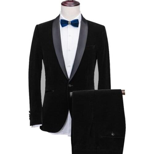 High Quality Shawl Collar 2 Pieces Slim Fit Blue Burgundy Black Green Suit Mens Velvet Tuxedo For Wedding(Blazer+Pants+Tie)