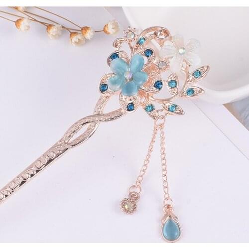Hairpin Cat Eye Stone Double Flower Classical Barrette Hair Sticks Clip Ethnic Jewelry Headwear For Women Accessories Wholesale
