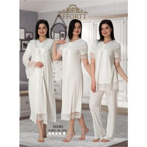 Effortt Women White Maternity Guipure Nightgown and Morning Gown Pajamas Set 4 Pieces