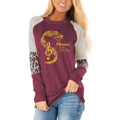 Music Is The Medicine of The Mind Print T Shirt Women leopard color matching stripe round neck loose top long sleeve T-shirt
