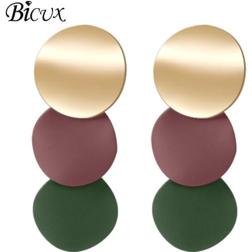 BICUX New Korean Statement Long Drop Earrings for Women 2019 Female Fashion Geometry Jewelry Vintage Round Metal Hanging Earring