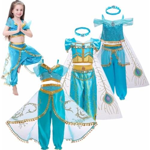 Girls belly dance Jasmine Dress Up Set Kids Sequined Flower Printed Arabian Princess Costume Children Halloween Cosplay Fancy