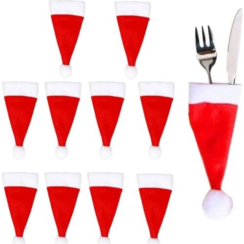10Pcs Christmas Decorative Tableware Mini Caps Pocket Knife Fork Spoon Holders Christmas Table Decoration for Home Xmas Supplies
