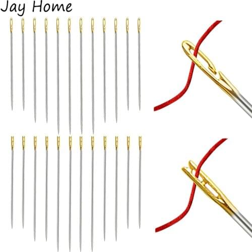 12/24Pcs Self Threading Sewing Needles Side Easy Threading Embroidery Needles Stitching Pins 3 Sizes Hand Sewing Blind Needles