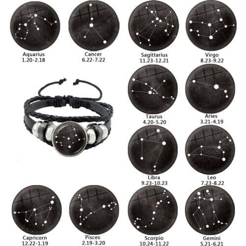 12 Zodiac Sign Rope Black Button Leather Bracelet Galaxy Constellation Design Horoscope Astrology Glass Cabochon Bangle For Gift