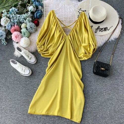 2021 New Fashion Womens Solid Summer Dress Female Casual V-neck Short-Sleeved Dresses