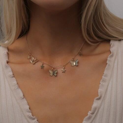 2021 Jewelry Temperament Butterfly Simple Single Layer Clavicle Necklace Wild Short Five-pointed Star Tassel Necklace Party Gift