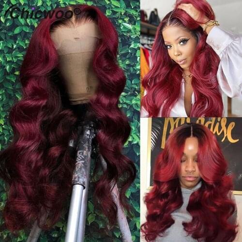 250% Density 1B/99J Red Burgundy Ombre Lace Front Human Hair Wigs For Women Body Wave Brazilian Remy Glueless Colored Wigs