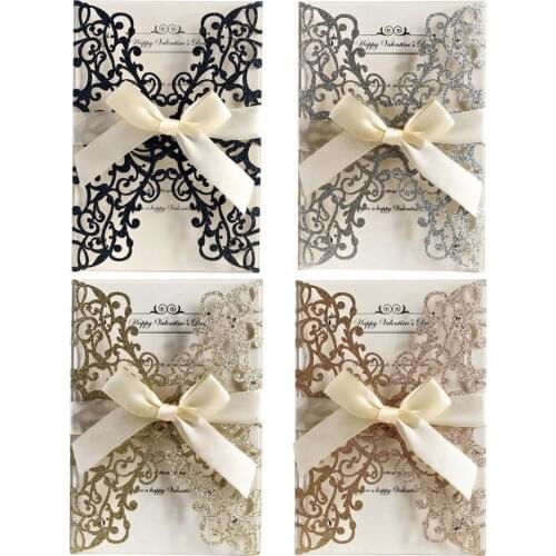 10pcs Bowknot Glitter Invitations European Style Laser Cut Wedding Invitations Holiday Greeting Card Cover Gift Use