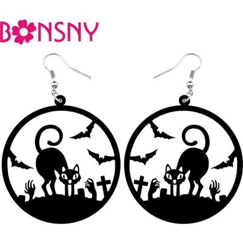 Bonsny Acrylic Halloween Big Round Circle Hollow Black Cat Bat Zombie Hand Cross Earrings Drop Dangle Lady Girls Party Accessory