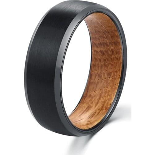 POYA 8 mm Black Tungsten Ring Whiskey Barrel Wood Liner Interior Beveled Edges Comfort Fit