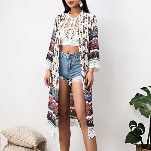 Lace Splice Long Kimono Enthic Print Loose Cardigan Summer Coat Fashion Casual Beachwear Holiday Beach Blouse 2021 Dropshipping