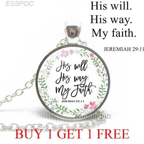 His Will. His Way.my Faith. Bible Verse Jeremiah Inspirational Quote Fashion Necklace Glass Jewelry Christian Pendant Women Gift