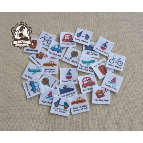 96 Custom logo labels,childrens clothing tags, Name Tags, white organic cotton labels, Travel and vehicle, iron on(TB47)