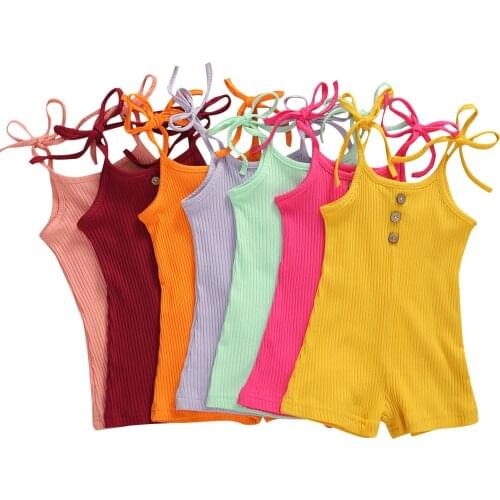 New Breathable Newborn Infant Sleeveless Romper Sweet Style Summer Baby Girls Solid Color Button Decoration Suspender Jumpsuit