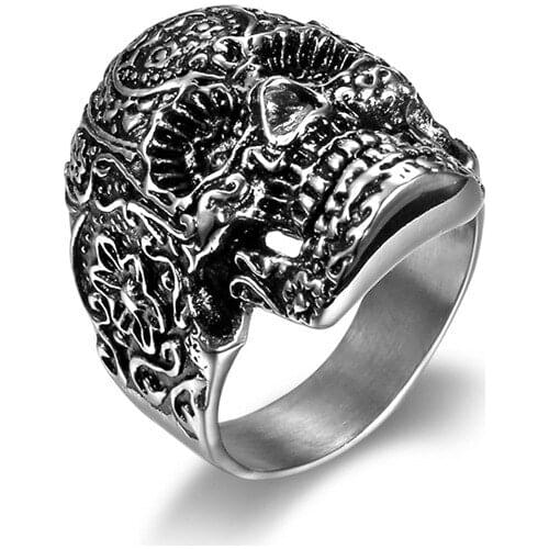 Megin D Hot Sale Vintage Personality Pattern Skull Stainless Steel Mens Rings for Men Father Lover Friend Fashion Gift Jewelry