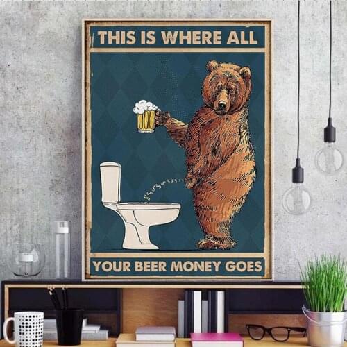 Grumpy Bear Drinking Beer To The Bathroom Canvas Poster Abstract Wall Art Print Picture for Bathroom Toilet The Wall Home Decor
