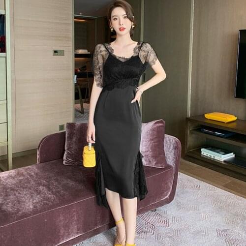 Fashion Korean Vintage Sexy Lace Perspective Short Sleeve Midi Party Club Dress Ladies Robe Elegant Backless Black Beach Dress