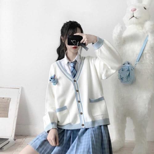 2021 New Japanese School Girl Uniform Spring Autumn Long Sleeve V-neck Single-breasted Knitted Sweater JK Uniforms Cardigan