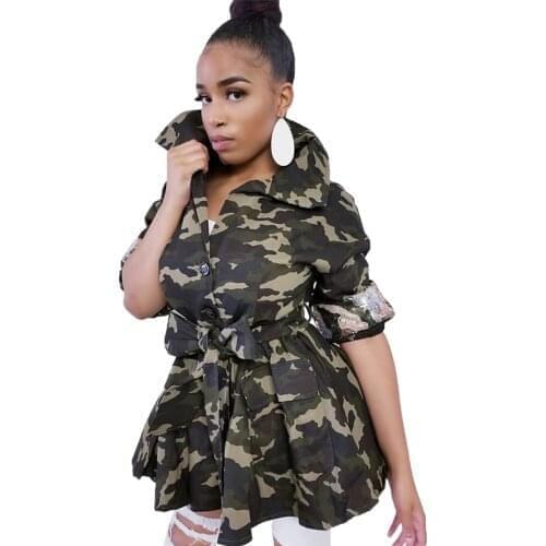 New Autumn Spring Women Sequined Fashion Camouflage Print Coat Turn-down Collar Long Sleeve Short Coat Jackets Outerwear Flared