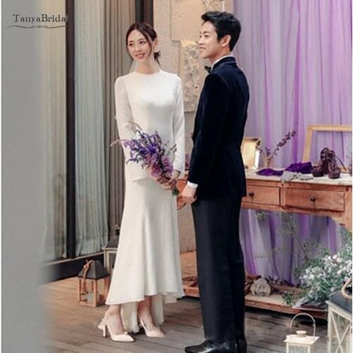 New Spring Summer Wedding Dress Mermaid Short Front Long Back High Low Elegant Simple Satin Boho Bridal Gown Real Photo SWD014