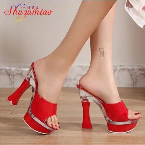 Shoes Women Slippers Sexy Super High Heel 14cm Platform Outside Slippers Female Shoes Sandals Wedding Banquet Nightclub Pumps