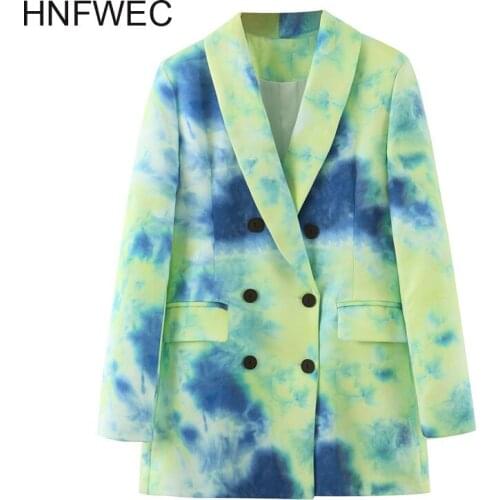 2020 Autumn New Long Sleeve Notched Collar Green Tie-dye Double Breasted Buttons Slim Blazer Women Coat K192