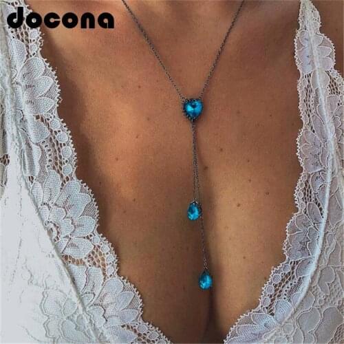 Docona Boho Heart Water Drop Crystal Pendant Necklace for Women Girl Blue Rhinestone Long Charms Necklaces Jewelry Collars 2010