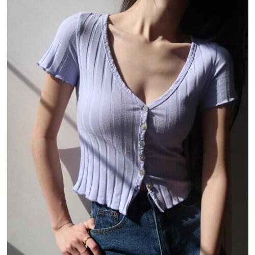 Sexy crop top t shirt women Summer vintage t shirt women cotton white button down shirt for women casual ribbed top with sleeves