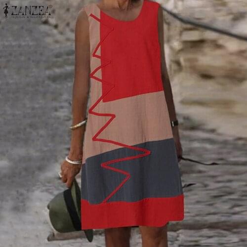 Vintage Patchwork Dress 2021 ZANZEA Summer Women Sleeveless Sundress Casual Color Block Knee-length Vestidos OL Work Robe Femme