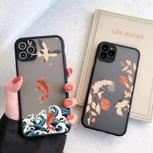 Crane and Koi Chinese style Phone Cases For iPhone 11 12 Pro Max For iPhone 8 7 6S Plus SE2 XR XS Max X Shockproof PC Back Cover