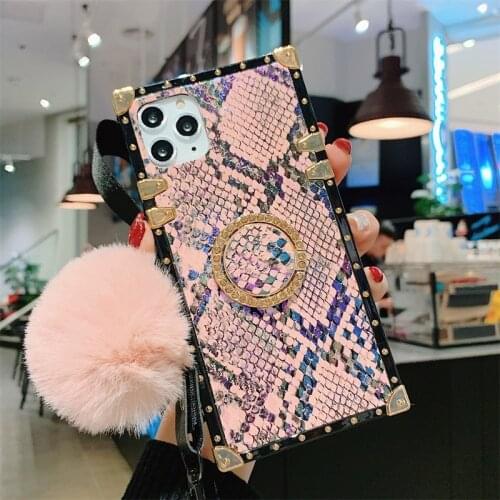 Luxury Snake skin design Square silicon Phone case For iPhone 12 11 Pro Max XS XR SE 7 8 Plus With Hair ball Bracket back cover