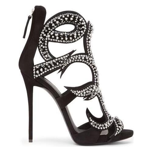 Dipsloot Luxurious Bling Bling Cage Rhinestone Gladiator Sandals Woman Rose Gold Black Crystal Thin Heels Wedding Sandals Shoes