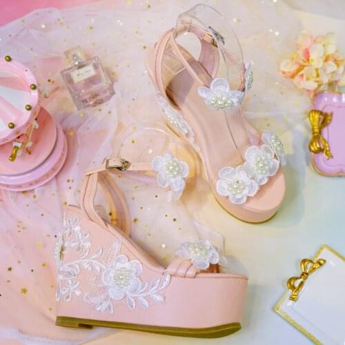 Summer Sweet Lace Flower Waterproof Platform Trifle Bottom Slope High Heel Sandals Banquet Dress All-match Princess Sandals
