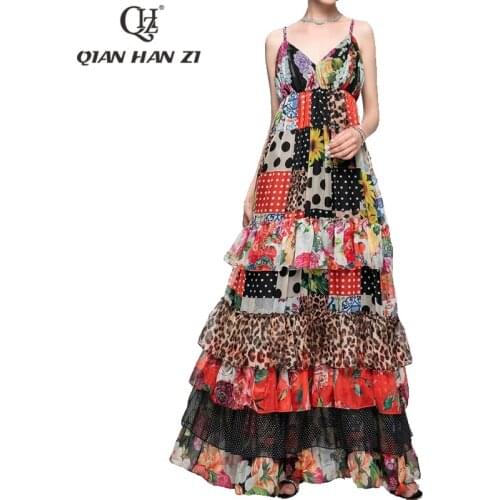 QHZ Sexy Spaghetti Strap beach dress Boho summer long dress vintage Chiffon flower leopard print Cascading Ruffle maxi dress